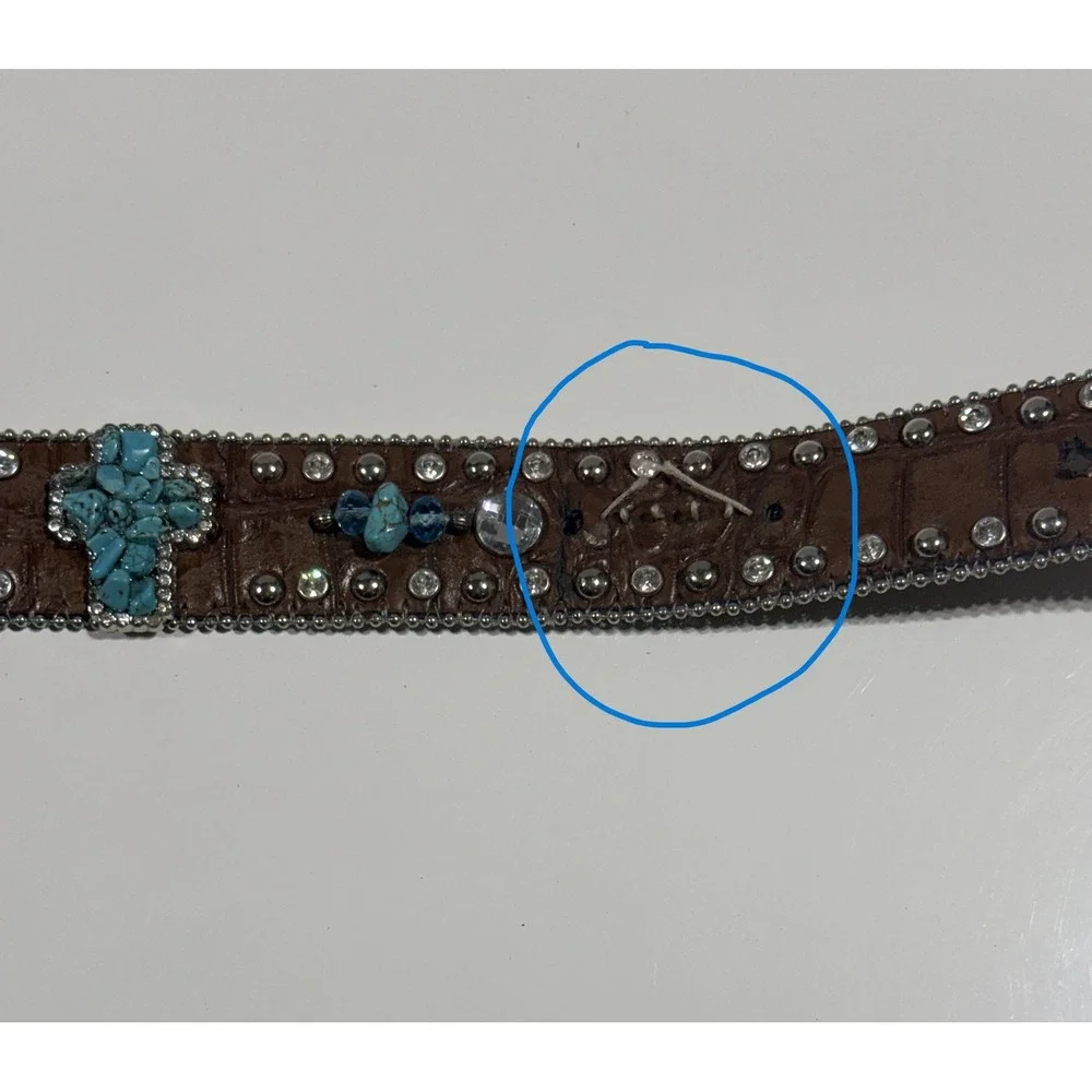 NOCONA - Women's Brown Leather Turquoise Cross Rhinestone Western Belt - Large